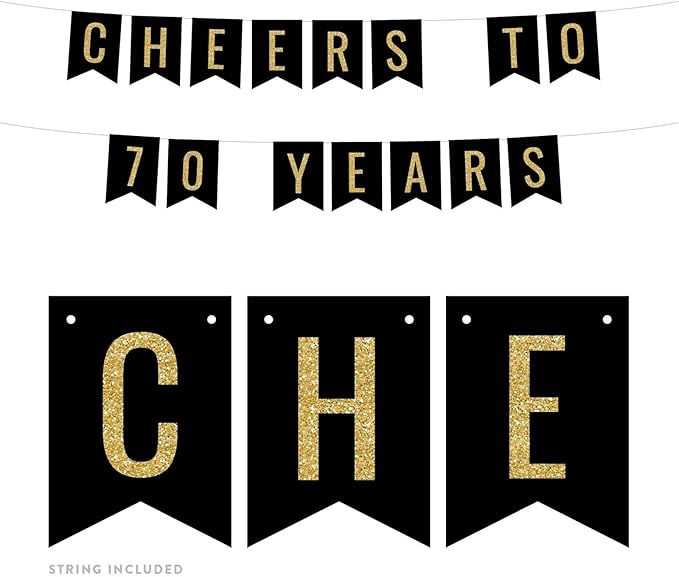 Andaz Press Faux Gold Glitter on Black Birthday Party Banner Decorations, Cheers to 70 Years, Approx 5-Feet, 1-Set, 70th Birthday Milestone Colored Hanging Pennant Decor