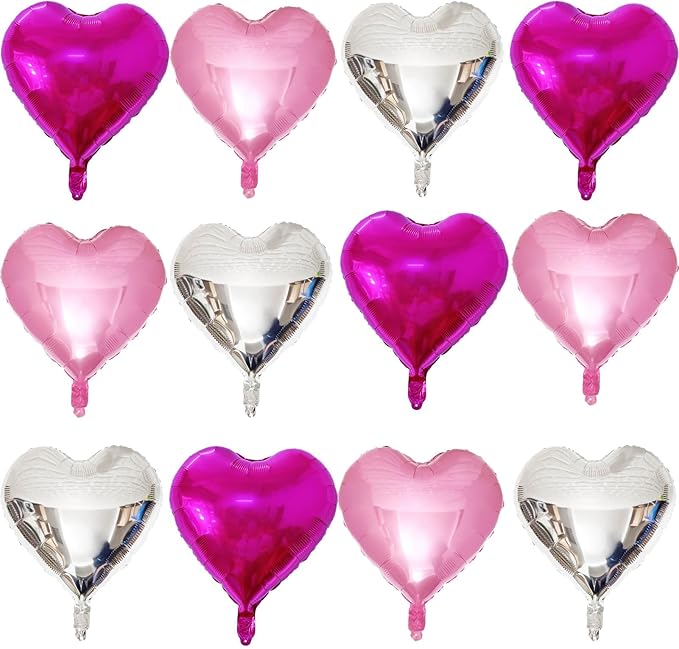 Hot Pink Heart Shaped balloons Pack of 12,18 Inch Silver Love Valentine Balloons Pink Heart Romantic Balloons For Valentines Day Wedding Bridal Shower Engagement Anniversary Party Decorations