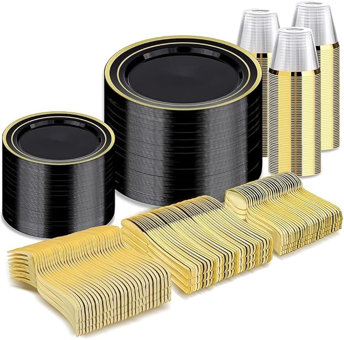 BESTVIP 600PCS Black Gold Dinnerware Set for 100 Guests, Plastic Plates for Halloween Party and Christmas, 100 Disposable Plates, 100 Dessert Plates, 100 Cups, 100 Spoons, 100 Forks and 100 Knives
