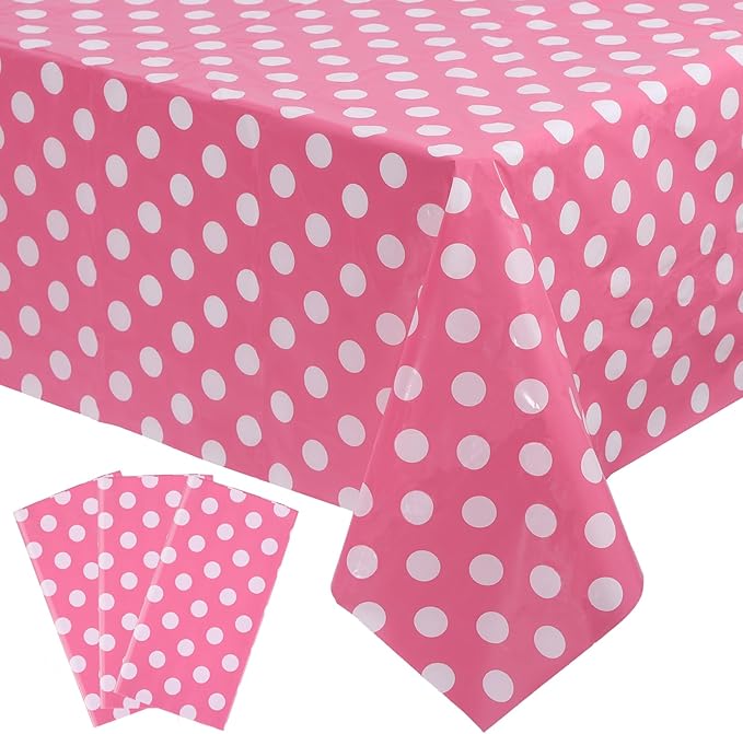 Kesfey 3 Packs Minnie Mouse Tablecloth 54 x 108 Inch Pink Polka Dot Table Cloths Disposable Plastic Pink Waterproof Picnic Table Covers Pink and White Dots Minnie Tablecover for Birthday Party
