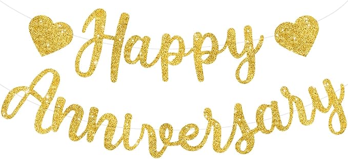 BEISHIDA Gold Happy Anniversary Banner, Pre-Strung - Gold Glitter Happy Anniversary Sign for Wedding Party Decorations