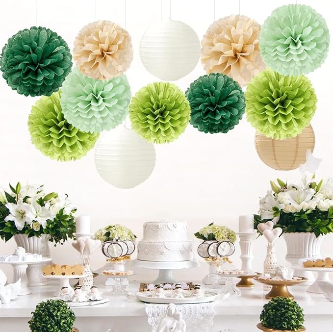 Sage Green-Boho Party-Decorations Paper Flowers Lanterns - 15PCS Birthday Gender Neutral Baby Shower Tissue Pom Poms Streamers, Champagne Gold Rustic Wedding Graduation Hanging Supplies Decor Hugfond