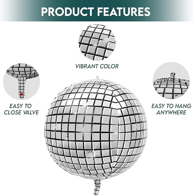 Inflatable Disco Ball Balloons Pack of 14 - 22” Silver Mylar Foil Disco Party Balloons with Star Balloons, Ribbon & Pipe for New Year's Disco Ball Decorations Party, Bachelorette, Birthday Décor