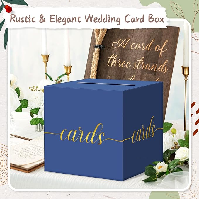 QIKSION Navy Blue Graduation Card Box, Gold Foil Gift Card Box for Graduation, Party, Wedding Reception, Birthday, Baby Shower, Raffle