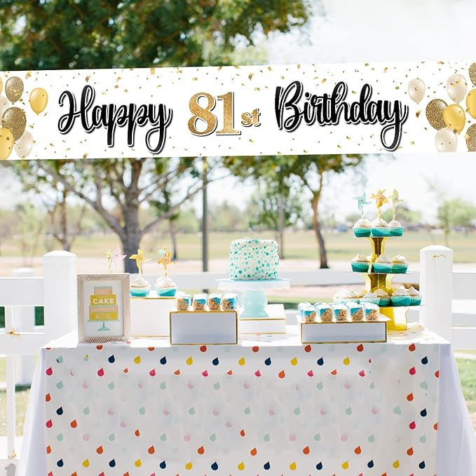 Happy 81st Birthday Decorations,81st Gold Balloon Large Birthday Hanging Banner Sign - Cheers to 81 Years Old Bday Party Supplies.