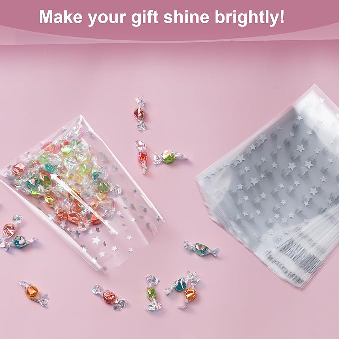 Aegero 120 Pack Star Printed 5"X 7" Gift Wrap Cello Cellophane Treat Bags,Gift Candy Goodies Bags with 140 Pcs Twists for Valentine,Birthday,Bakery,Wedding,Gift Cookie Snack Packing,Party Favor Supplies(Gold )