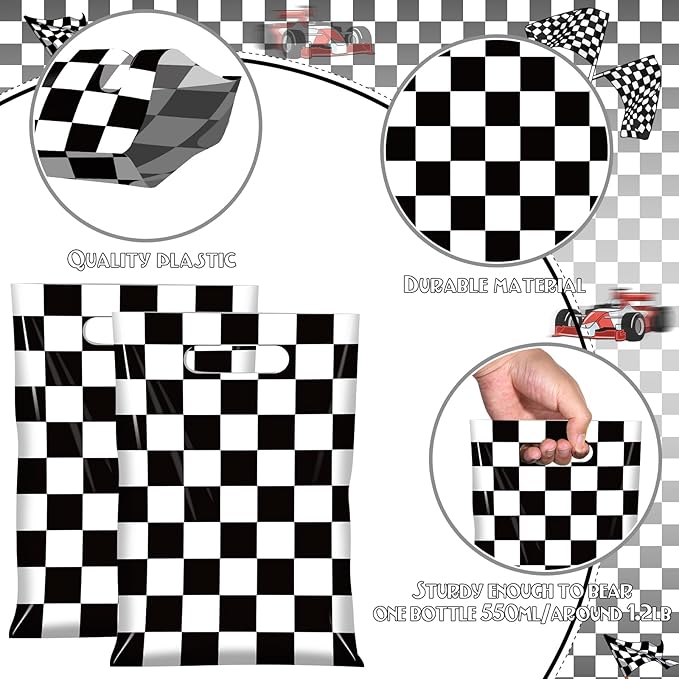 50 Pcs Black and White Checkered Race Car Party Favor Bags, Plastic Black and White Car Goodie Treat Bags, Racecar Buffalo Plaid Candy Gift Bags for Kids Fast Race Car Birthday Party Decorations