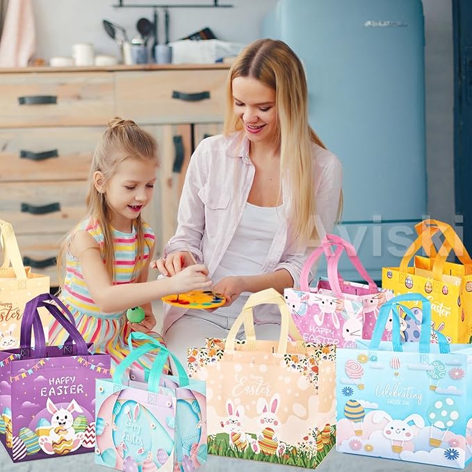 6PCS Happy Easter Egg Hunt Bags, Assorted Sizes Easter Bunny Carrot Chick Egg Gift Bags with Handles, Easter Treat Bags, Multifunctional Non-Woven Easter Bags for Gifts Wrapping, Egg Hunt Game, Easter
