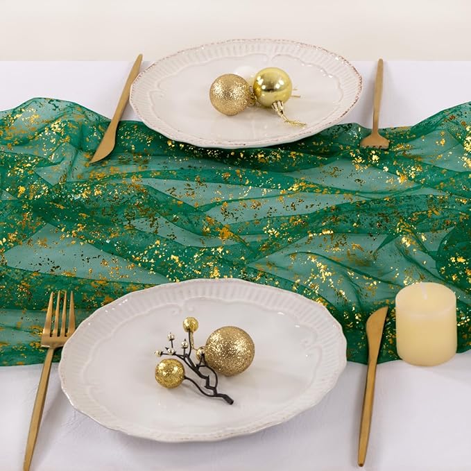 Socomi Christmas Snow Table Runner Gold Gauze Sheer Chiffon Cheesecloth Sequin 10FT Glitter Metallic Foil Dining Wedding Birthday Party Holiday Centerpiece Table Decor 3pcs Emerald Green