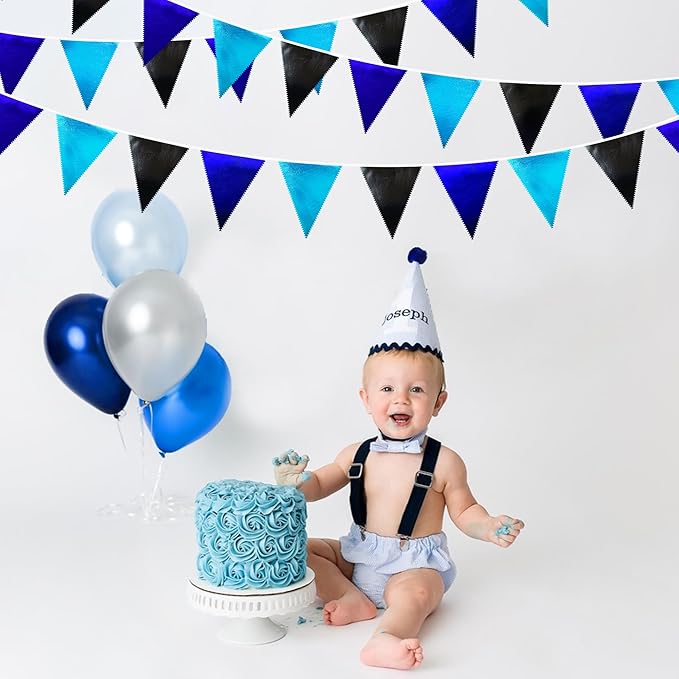 Black Blue Party Decorations Metallic Fabric Triangle Pennant Banner Flag Bunting Garland for Video Game Nautical Birthday Graduations Retirement Wedding Bachelorette Outdoor Holiday Party Supplies