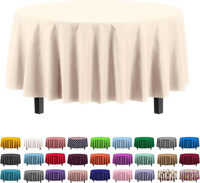 Exquisite 12-Pack Premium Plastic Tablecloth 12-Pack Premium Plastic 84-Inch Round Tablecloth, Ivory