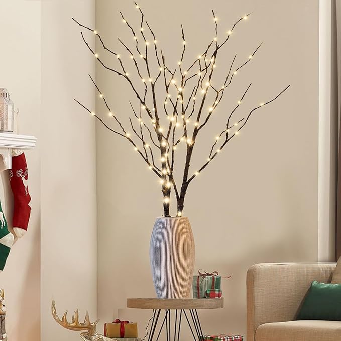Lighted Christmas Tree Branches, 30IN 100LED Artificial Brown Twig Branch with Warm White Lights, Timer & Battery Operated, Waterproof for Indoor Outdoor Holiday Xmas Office Bedroom Party Decorations