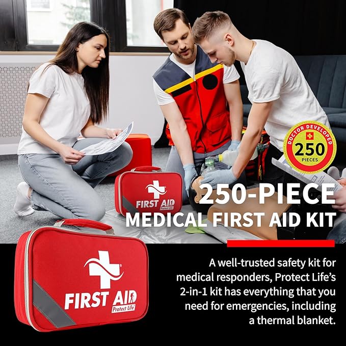 Protect Life First Aid Kit for Home & Business, 250 Pcs - Emergency Medical Kit for Camping & Hiking