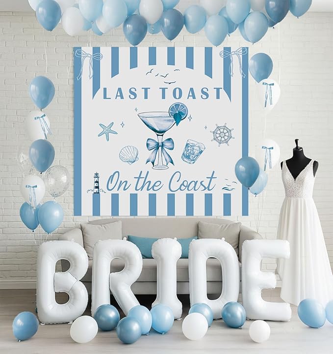 Last Toast on the Coast Bachelorette Decorations Blue bridal shower Balloon Garland Kit with 1.5m Backdrop Huge 40 inch BRIDE letter balloons for Hen Party Wedding Engagement supplies