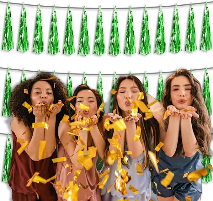 3P Metallic Fringe Tassel Banner Garland Foil Tinsel Streamer Wall Hanging Curtain Backdrop Banner for Parade Floats, Graduation Decorations, Father's Day Party Decoration(Green)