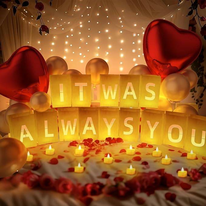 It was Always You Light Up Letters, with Tea Lights Candles, Rose Petals, Pearlescent Foil Balloons - Luminary Paper Bags, Anniversary Decorations and Proposal Decorations for Your Loved One