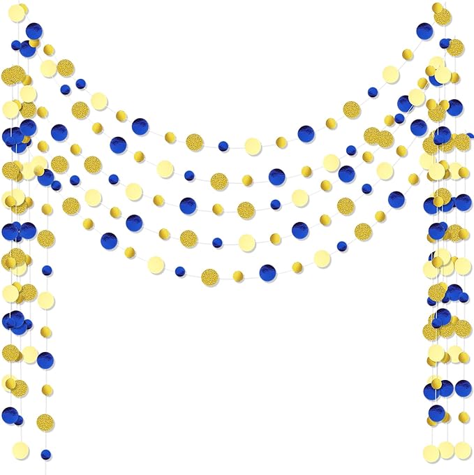 Outus 5 Pieces 13.1 ft Blue Gold Circle Dots Garland Hanging Paper Dot Streamer for 2026 Graduations Birthday Wedding Baby Shower Nautical Pirate Theme Party Decorations Supplies(Blue, Gold)