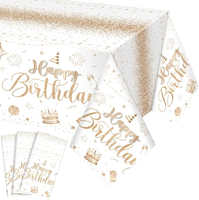 Tudomro 3 Pcs Happy Birthday Tablecloths Happy Birthday Party Decorations Plastic Table Cover Rectangular Cloths for Women Men Baby Shower Party Supplies, 108 x 54 Inch (Champagne)