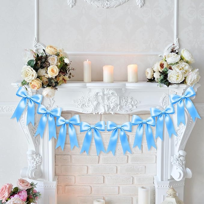 1 String of 8PCS Blue Bow Garland Banner Decoration,Pre-Strung Satin Ribbon Ornaments for Birthday,Bachelorette Party,Bridal Shower,Wedding,Engagement,Baby Shower,Graduation Decor,Anniversary