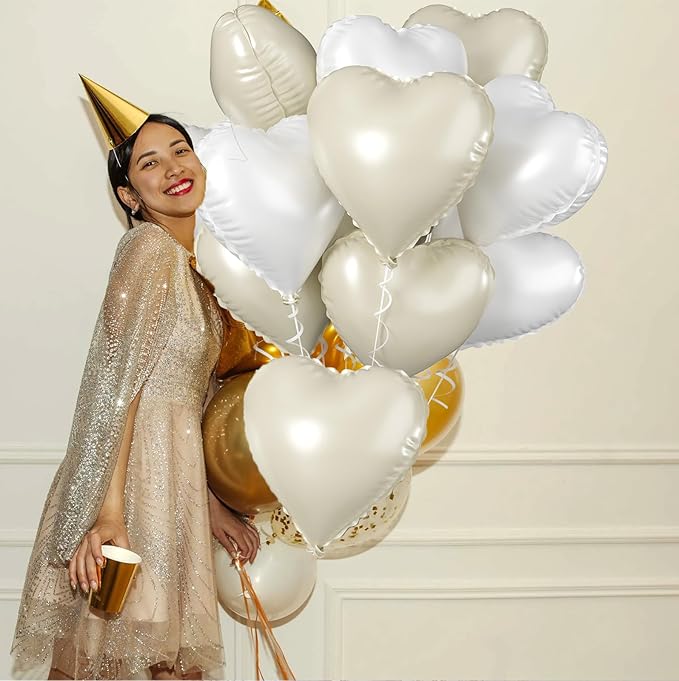 Biapian Cream Heart Balloons, 18 Inch Sand White Heart Shape Balloons Foil, 10 Pcs Beige Heart Balloons and White Foil Balloons Helium for Valentines Day Boho Birthday Wedding Baby Shower Decorations