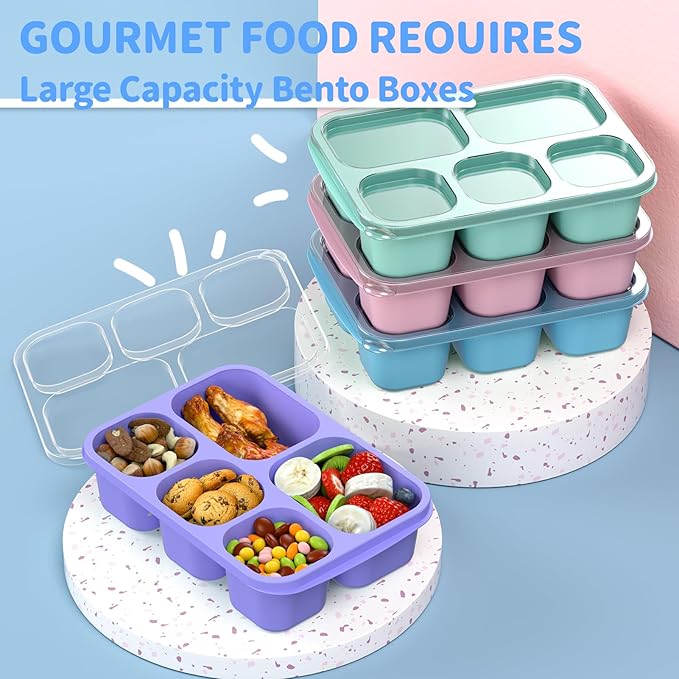 Bento Box Adult Lunch Box - 4 Pack, 5 - Compartment Meal Prep Container for Kids, Reusable Food Storage Snack Containers - Stackable for School, Work, and Travel (PP(Blue/Pink/Green/Purple))