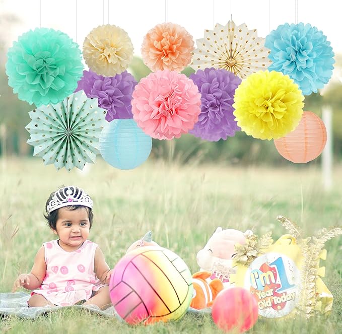 Pastel Rainbow Party-Decorations - 20pcs Pink Yellow Blue Classroom Ceiling Paper Lanterns Fans ,Girl Birthday Tissue Pom Poms,Honeycomb Balls,Bunting,Baby Shower Bridal Wedding Decor Burgleda