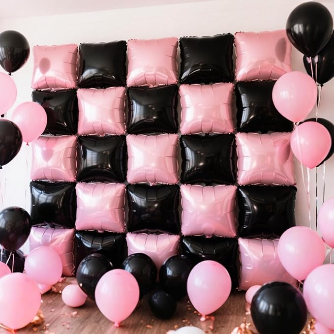 NISOCY 25PCS Black and Pearl Pink Square Foil Balloons Wall Backdrop Double Sided Black and Pearl Pink Balloons Arch Kit for Birthday Party Anniversary Wedding Baby Shower Decorations