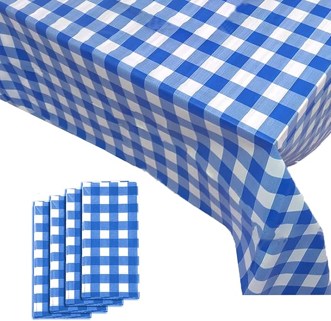 Yancorp 4 Pack Plastic Blue and White Checkered Tablecloths 54 x 108 Inch Picnic Table Covers Disposable Table Covers for Rectangle