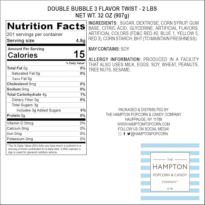 Double Assorted Fruit Flavored Bubble Gum - 1 Pound Bulk Bag (Approx. 70 Pieces) - Individually Wrapped Gum - The Hampton Popcorn & Candy Company (Assorted Fruit Flavored - Multi Colored)