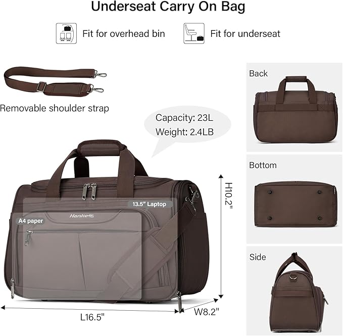 Hanke Underseat Carry On luggage Bags for Travel, Foldable Travel Bags for Women, Soft Lightweight Personal Item Travel Bag Small Carry On Bags for Airplanes, Travel Tote Bags for Women Men.（Coffee）
