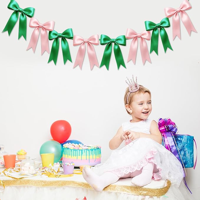 1 String of 8PCS Pink&Green Bow Garland Banner Wicked Party Decoration,Pre-Strung Satin Ribbon Ornaments for Birthday,Bachelorette Party,Wedding,Engagement,Baby Shower,Graduation Decor,Anniversary