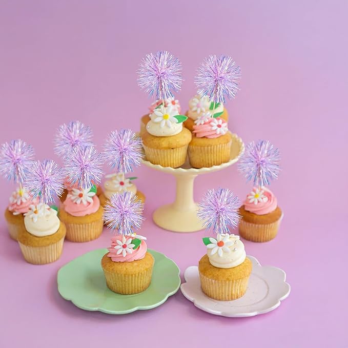 Gyufise 30Pcs Foil Firework Cupcake Toppers Sparkle Tinsel Cake Toppers Tinsel Drink Cake Decoration Cocktail Picks for Birthday Wedding Graduation Party Supplies Laser Purple
