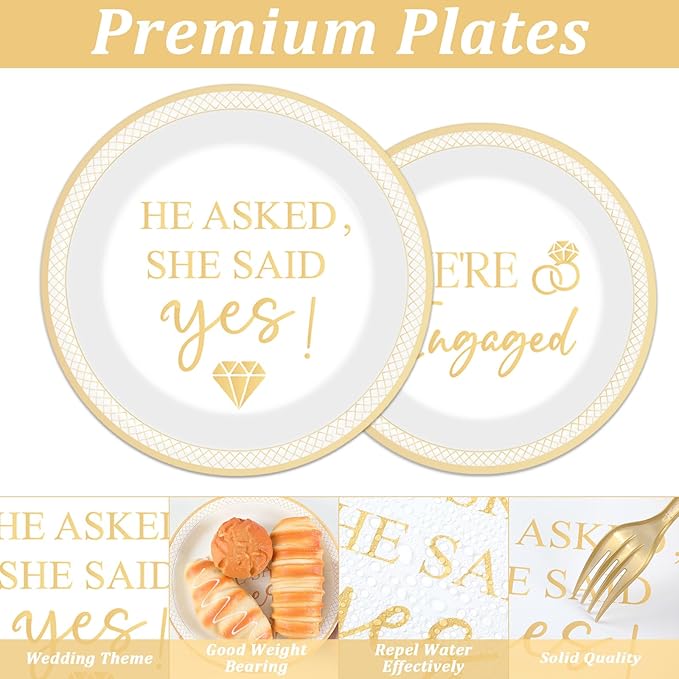 96Pcs Happy Engagement Party Supplies Engagement Paper Plates Napkins She Said Yes Party Tableware Set She Said Yes Disposable Dinnerware for Wedding Birthday Party Bridal Shower Decoration Serve 24
