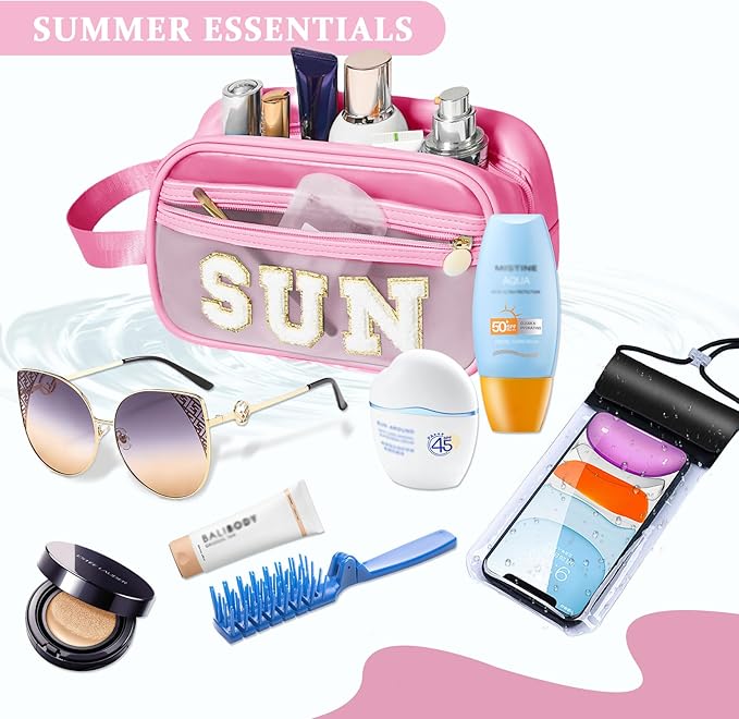 COSHAYSOO Clear Sunscreen Bag Makeup Toiletries Pouch Beach Vacation Essentials Summer Travel Stuff Accessories Personalized Graduation Gifts for Her Women College Teen Girls Teacher Nurse Pink SUN