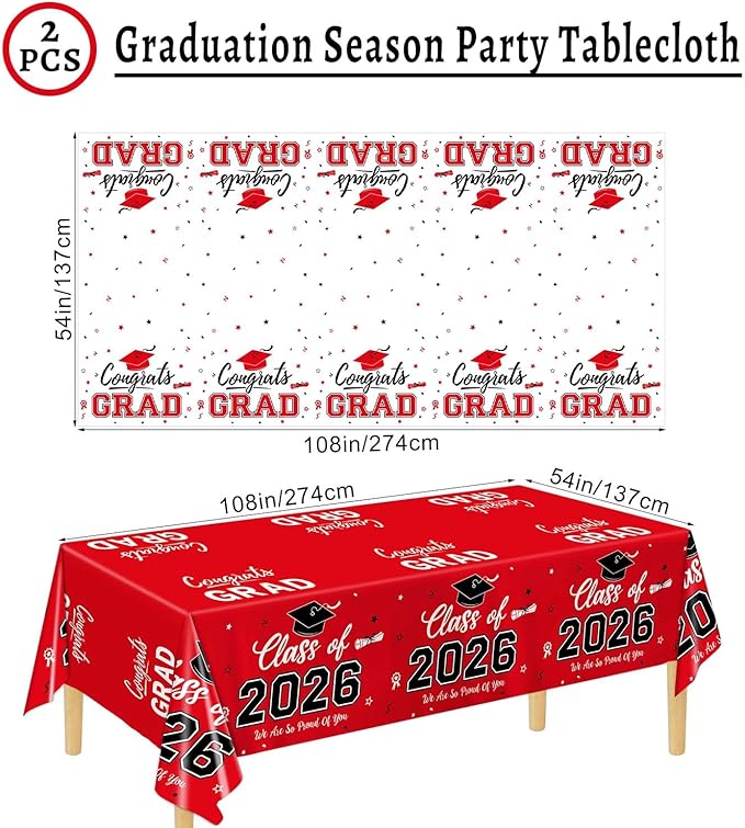 Oigco 2026 Graduation Decorations, 2 Pack Red Graduation Tablecloths Class of 2026, Congrats Grad Plastic Table Cloths for Graduation Party Decorations, 54 x 108 Inch