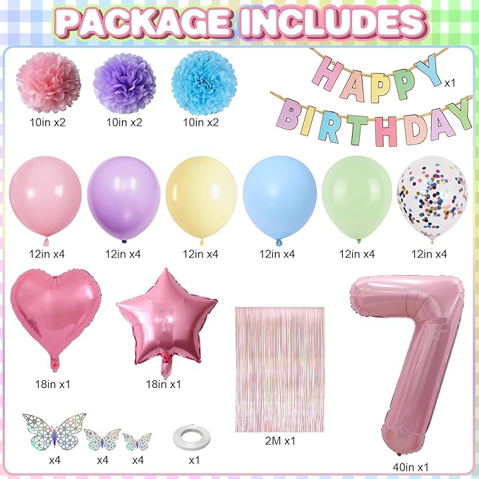 Pastel 7th Birthday Party Decorations for Girls Number 7 Balloon Happy Birthday Banner Butterfly Stickers Fringe Curtain Paper Pom Poms Macaron Pink Star Heart Foil Colorful Balloons 7 Year Old Decor