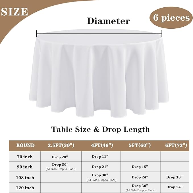Fitable 6 Pack White Round Table Clothes - 70 Inches in Diameter - Stain Resistant and Washable Tablecloths, Polyester Fabric Table Covers for Wedding, Party, Banquet, Gathering
