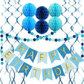 Blue Birthday Decorations with Happy Birthday Banner, Paper Honeycomb Balls, Circle Garland and Hanging Swirl Decorations, Birthday Party Decorations