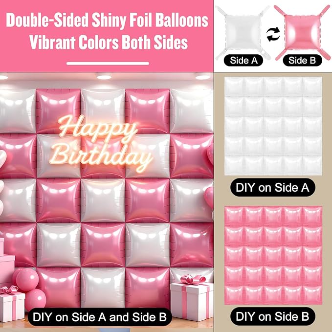 25Pcs Pink and White Square Foil Balloons Wall Backdrop, Double Sided Metallic Foil Balloons Tunnel Arch Garland Kit for Photo Booth Birthday Wedding Graduation Halloween Party Decorations