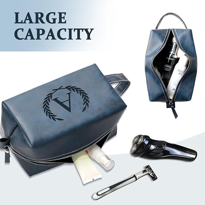 Personalized Gifts Travel Toiletry Bag for Men Engraved Initial PU Leather Waterproof Shaving Bag for Toiletries Accessories Fathers Day Birthday Gift for Men Dad Husband Son, Dark Blue J