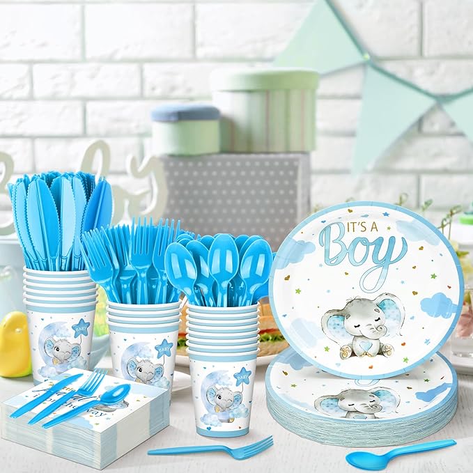 Dandat 350 Pcs Baby Shower Plates Set Baby Shower Party Supplies Serves 50 Tableware Sets Include Plates Napkin Cup Forks Knives Spoons Disposable Dinnerware(Elephant,Blue)