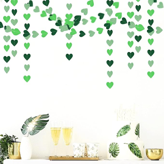 Green Party-Decorations Heart Paper-Garland Streamers-Banner - 52Ft St Patricks Day Decorations, Spring Summer Birthday Wedding Engagement Baby Shower Hanging Decor Ouruola
