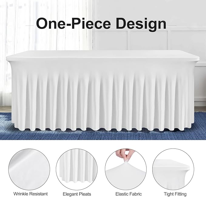 Table Skirt for 4 Foot Tables - One-Piece White Tablecloths and Skirt, Wrinkle Resistant Ruffles Elastic Cover for Banquets, Weddings, Events, Parties