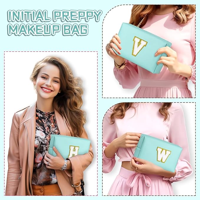 TOPEAST Birthday Gifts for Girls, Travel Makeup Bag Chenille Letter Pouch Cosmetic Bag, Makeup Travel Organizer, Monogrammed Bridesmaid Gifts for Women, Cute Stuff for Girls (Blue J)