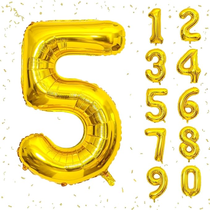 16 In Gold Large Numbers Balloons 0-9, Self Inflating Number 5 Balloons for Boys Girls, Big Gold Digit 5 Balloons for Women Men Birthday Party Anniversary Wedding Supplies Decorations