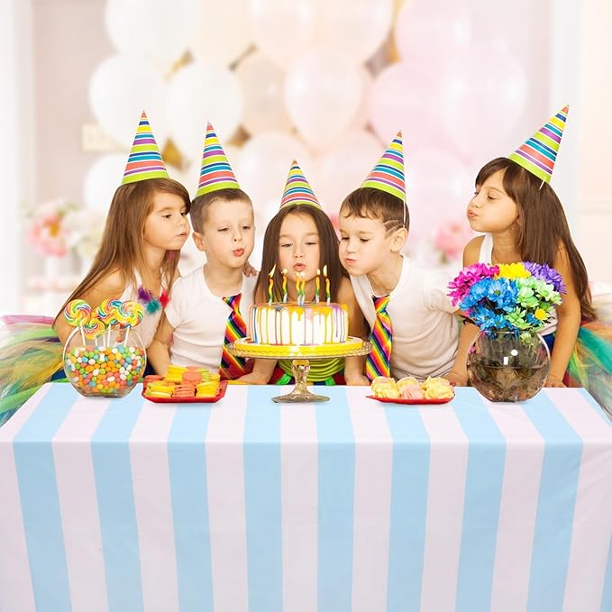 Kesfey 6 Packs Light Blue and White Striped Table Cloth 54 x 108 Inches Bluey Stripe Table Cover Disposable Plastic Beach Tablecloths Waterproof Rectangle Picnic Tablecover for Pool Birthday Party