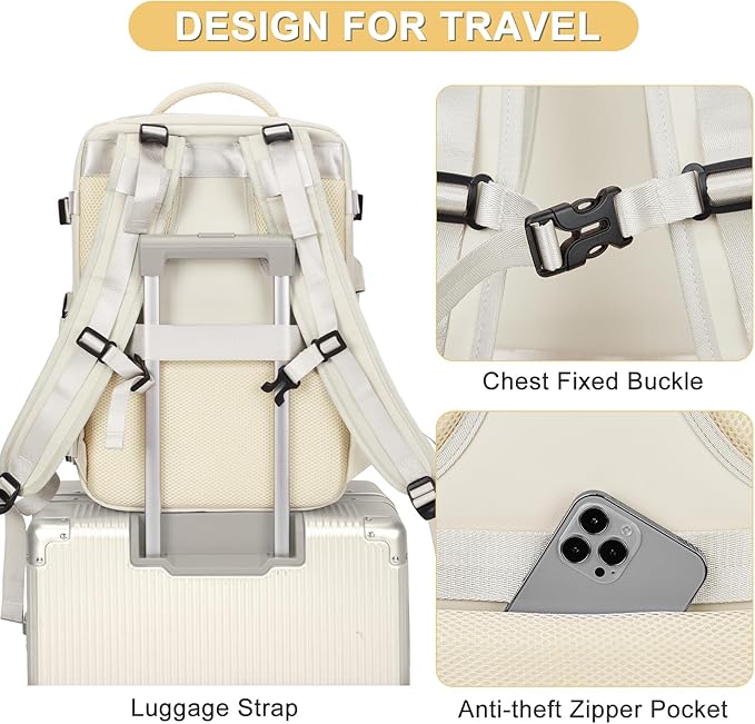 Beige Large Travel Backpack For Women Men Airline Approved Personal Item Backpack For Airlines Carry On Backpack Flight Approved Waterproof Backpack For Traveling On Airplane Weekender Travel Bag