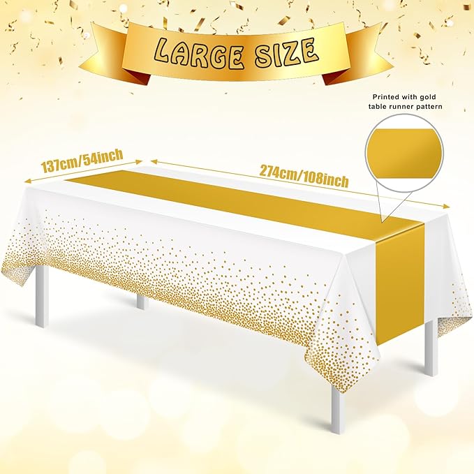 3Pcs White and Gold Tablecloth Party Decorations,Plastic White Table Cloth Printed Gold Table Runner Disposable Rectangle Table Cover for Birthday Wedding Anniversary Graduation Party,54 x108 Inch