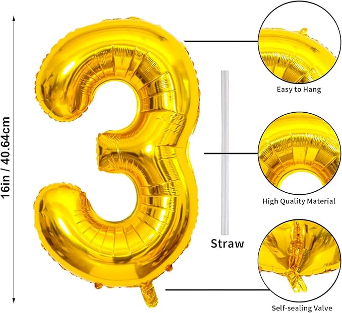 16 In Gold Large Numbers Balloons 0-9, Self Inflating Number 3 Balloons for Boys Girls, Big Gold Digit 3 Balloons for Women Men Birthday Party Anniversary Wedding Supplies Decorations