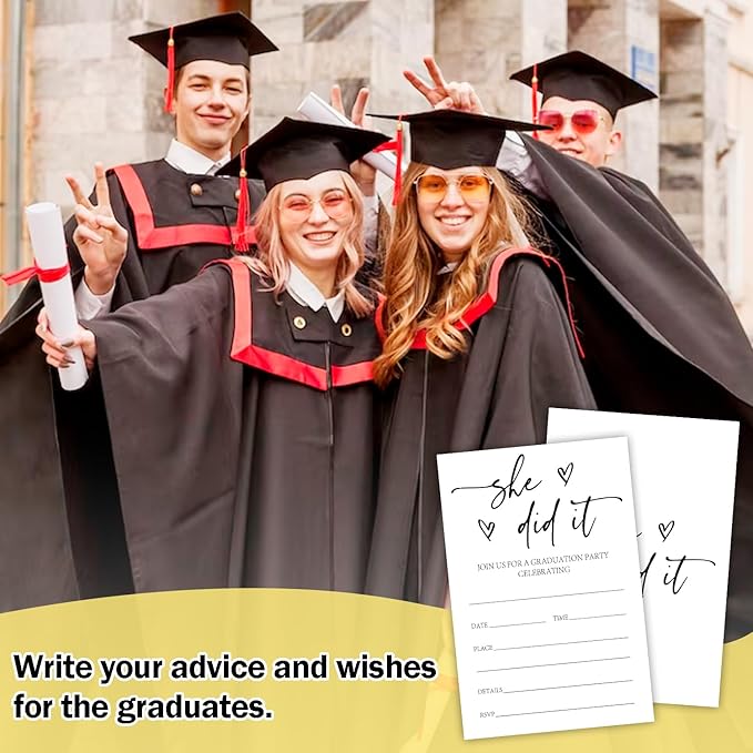Black And White Graduation Invites 20 Pcs Minimalism Graduation Party Invitations She Did It Grad Party Invites for Women Double Sided Invitation Card for University Graduating Decorations Y419